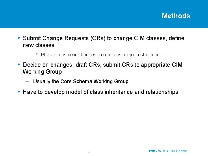 Methods • Submit Change Requests (CRs) to change CIM classes, define new classes •