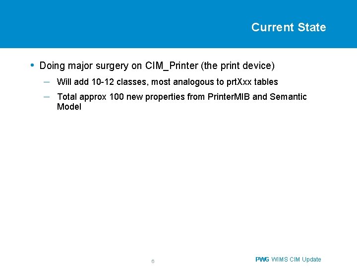 Current State • Doing major surgery on CIM_Printer (the print device) – – Will