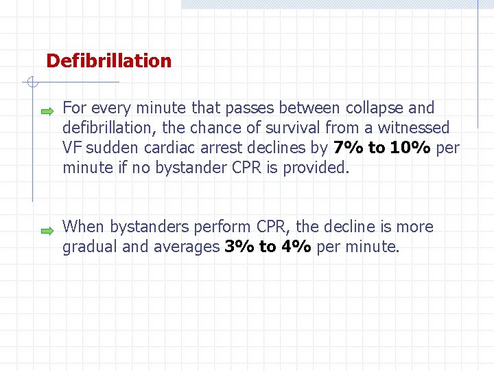 Defibrillation For every minute that passes between collapse and defibrillation, the chance of survival