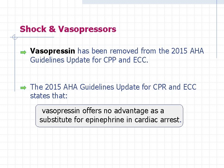 Shock & Vasopressors Vasopressin has been removed from the 2015 AHA Guidelines Update for