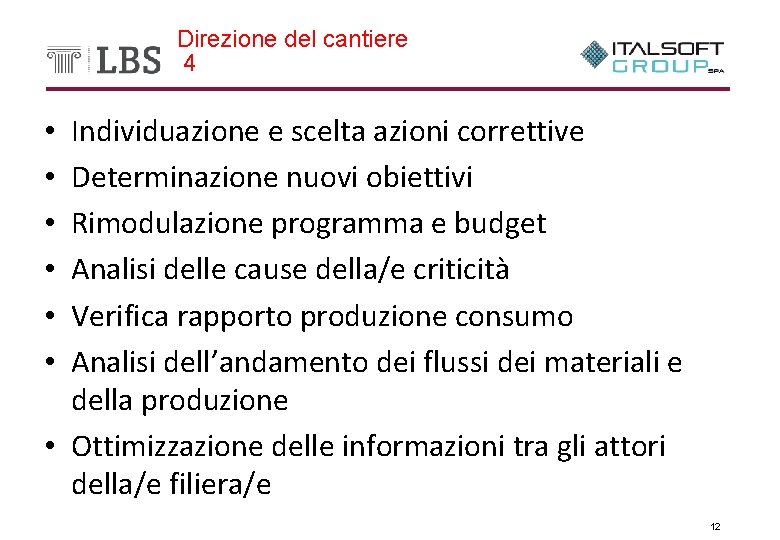 Direzione del cantiere 4 Individuazione e scelta azioni correttive Determinazione nuovi obiettivi Rimodulazione programma