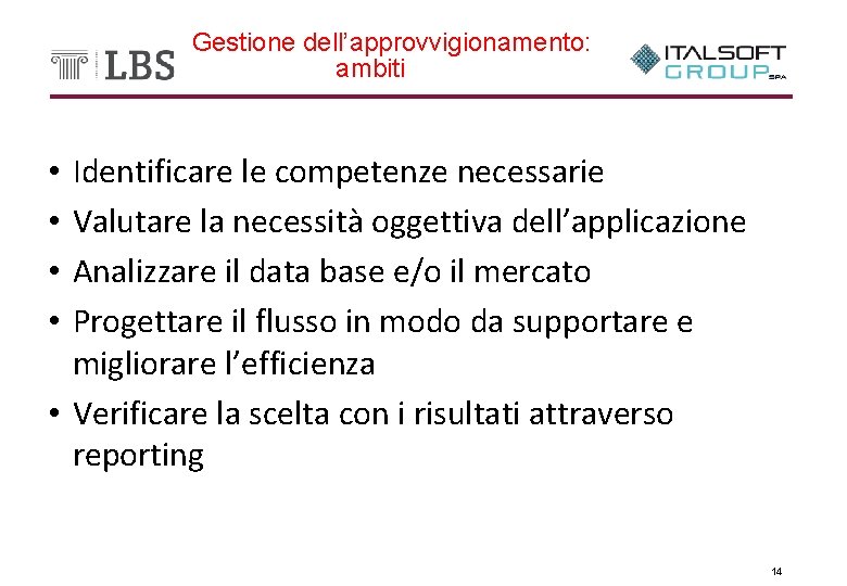 Gestione dell’approvvigionamento: ambiti Identificare le competenze necessarie Valutare la necessità oggettiva dell’applicazione Analizzare il