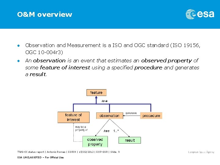 O&M overview ● Observation and Measurement is a ISO and OGC standard (ISO 19156,