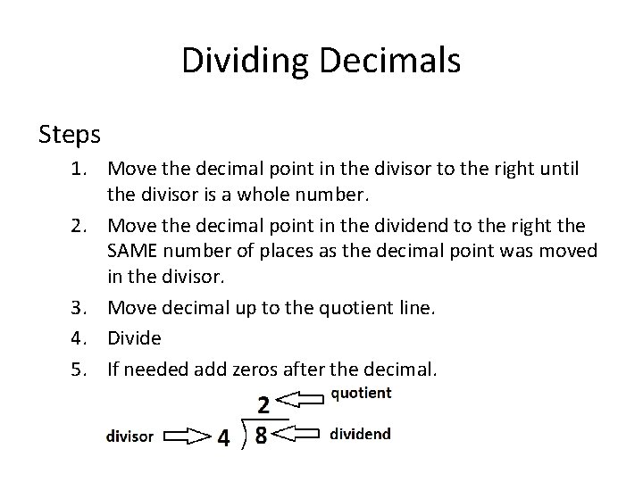 Dividing Decimals Steps 1. Move the decimal point in the divisor to the right