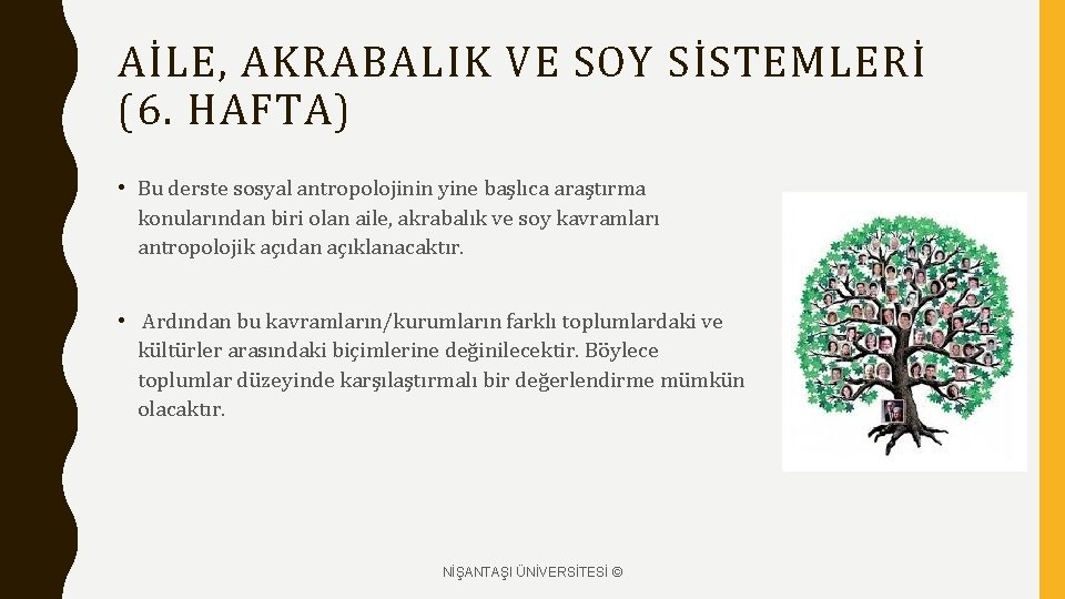 AİLE, AKRABALIK VE SOY SİSTEMLERİ (6. HAFTA) • Bu derste sosyal antropolojinin yine başlıca