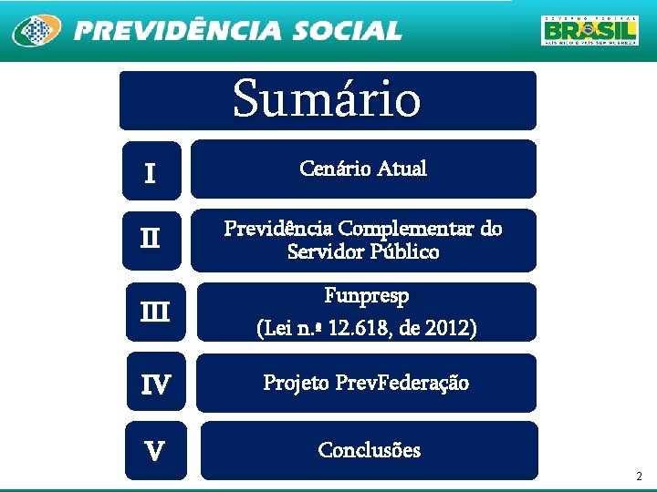 Sumário I Cenário Atual II Previdência Complementar do Servidor Público III Funpresp (Lei n.