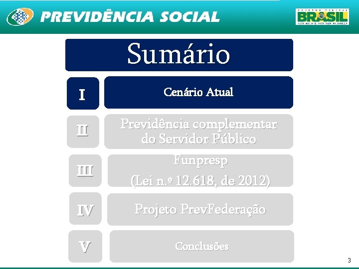 Sumário I II III Cenário Atual Previdência complementar do Servidor Público Funpresp (Lei n.