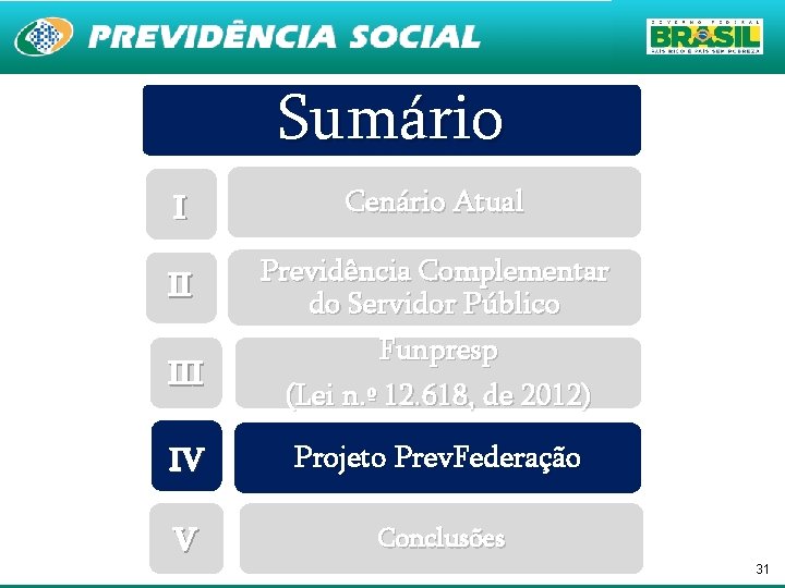 Sumário I Cenário Atual II Previdência Complementar do Servidor Público Funpresp III (Lei n.