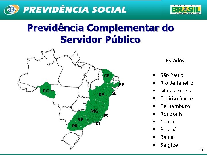 Previdência Complementar do Servidor Público Estados CE PE RO RO BA MG PR SP