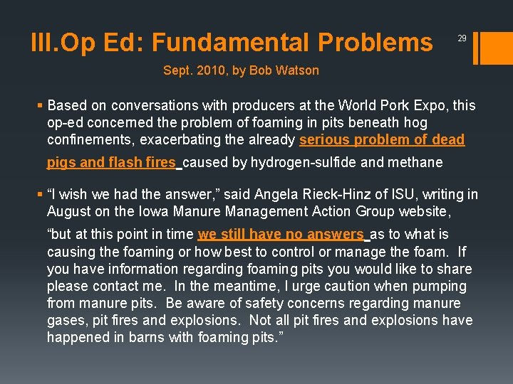 III. Op Ed: Fundamental Problems 29 Sept. 2010, by Bob Watson § Based on