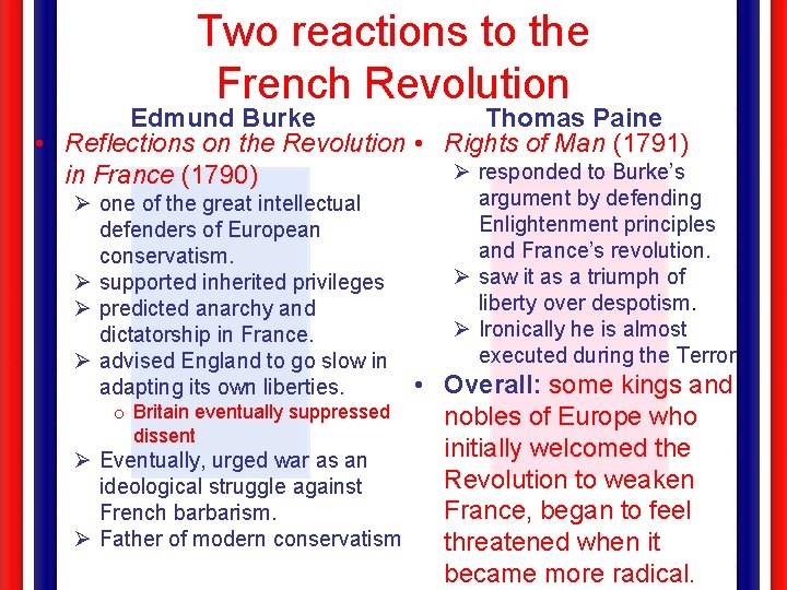Two reactions to the French Revolution Edmund Burke Thomas Paine • Reflections on the