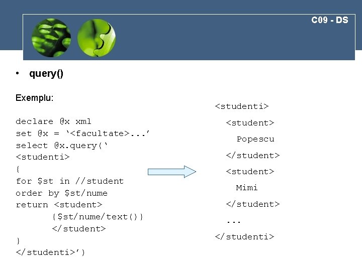 C 09 - DS • query() Exemplu: declare @x xml set @x = ‘<facultate>.