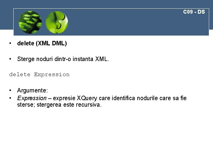 C 09 - DS • delete (XML DML) • Sterge noduri dintr-o instanta XML.