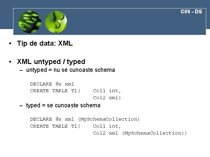C 09 - DS • Tip de data: XML • XML untyped / typed