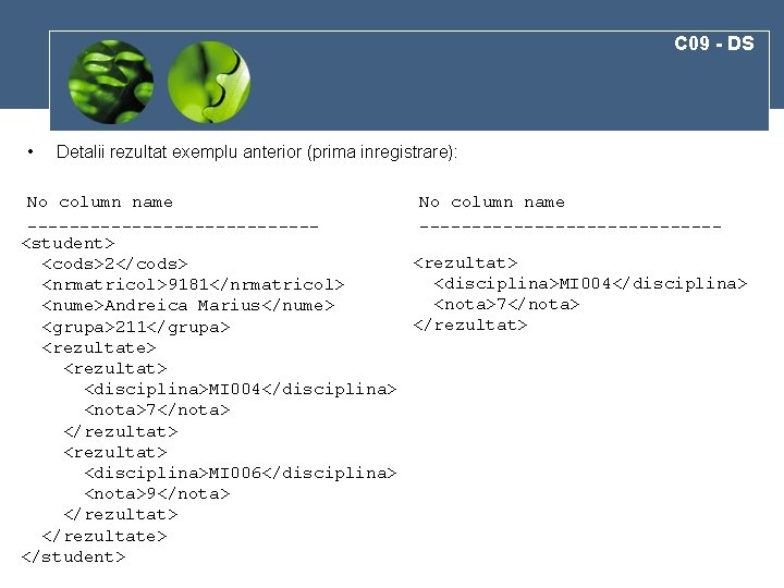 C 09 - DS • Detalii rezultat exemplu anterior (prima inregistrare): No column name