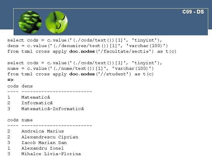 C 09 - DS select cods = c. value('(. /cods/text())[1]', 'tinyint'), dens = c.