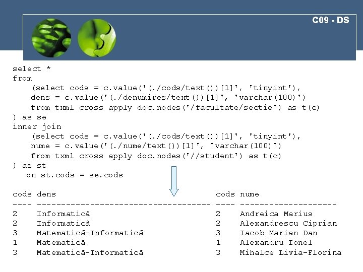 C 09 - DS select * from (select cods = c. value('(. /cods/text())[1]', 'tinyint'),