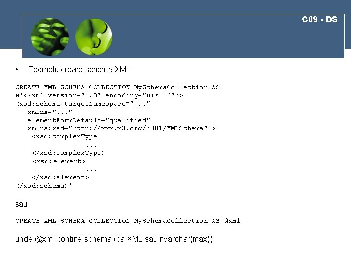 C 09 - DS • Exemplu creare schema XML: CREATE XML SCHEMA COLLECTION My.