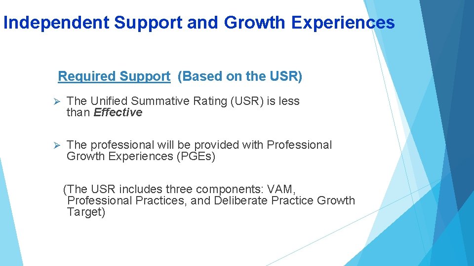 Independent Support and Growth Experiences Required Support (Based on the USR) Ø The Unified