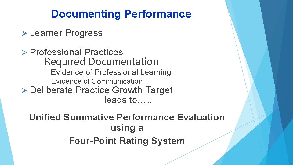 Documenting Performance Ø Learner Progress Ø Professional Practices Required Documentation Evidence of Professional Learning