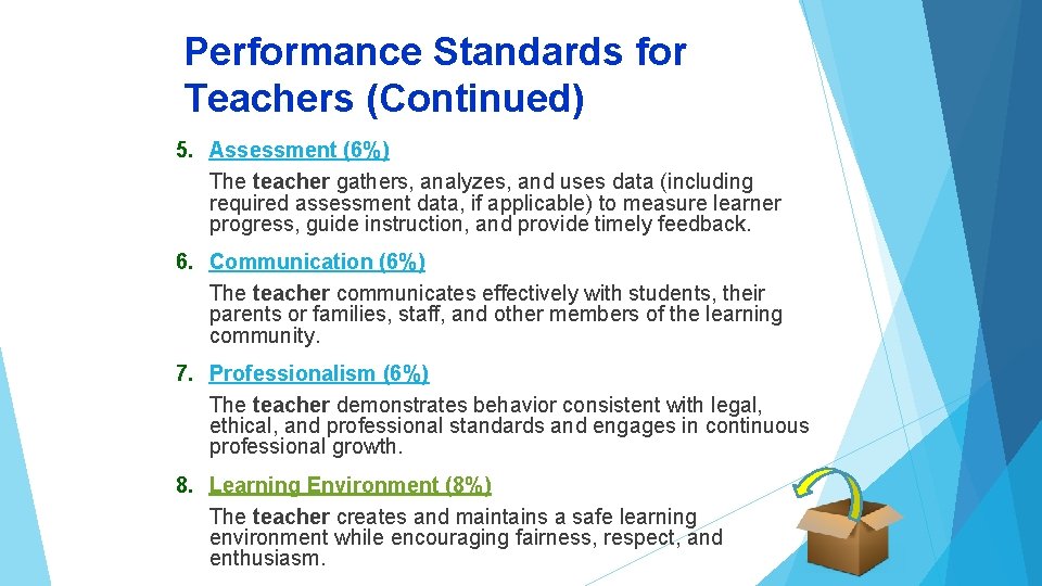 Performance Standards for Teachers (Continued) 5. Assessment (6%) The teacher gathers, analyzes, and uses