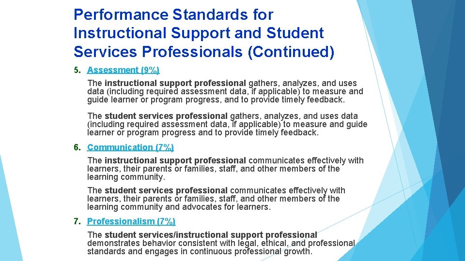 Performance Standards for Instructional Support and Student Services Professionals (Continued) 5. Assessment (9%) The