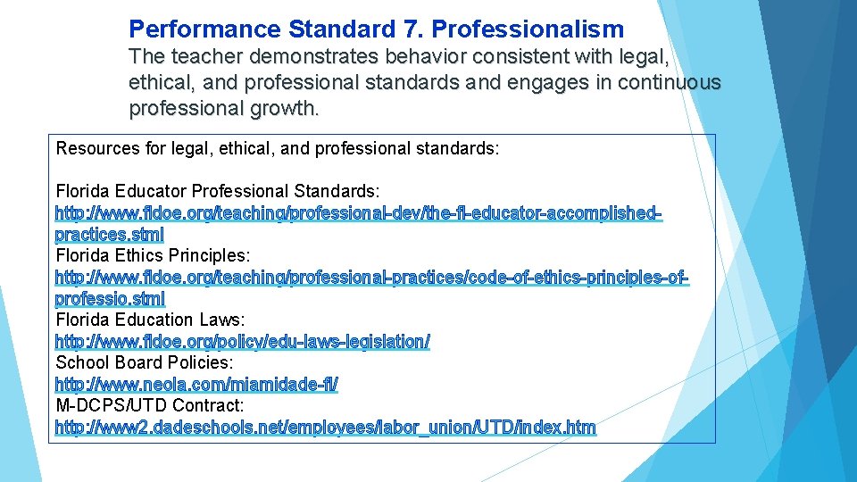 Performance Standard 7. Professionalism The teacher demonstrates behavior consistent with legal, ethical, and professional