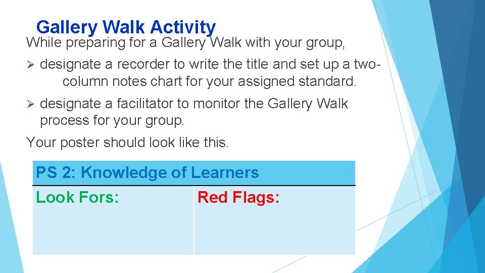 Gallery Walk Activity While preparing for a Gallery Walk with your group, Ø designate