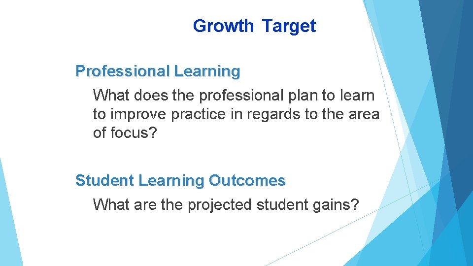 Growth Target Professional Learning What does the professional plan to learn to improve practice