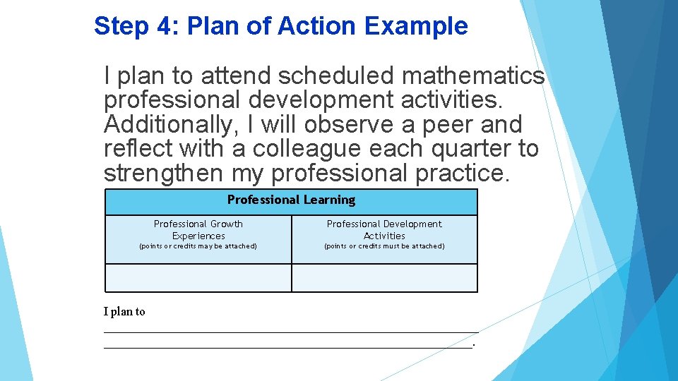 Step 4: Plan of Action Example I plan to attend scheduled mathematics professional development