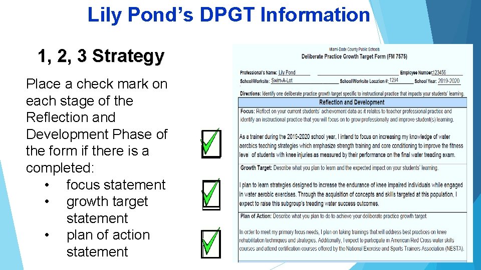 Lily Pond’s DPGT Information 1, 2, 3 Strategy Place a check mark on each
