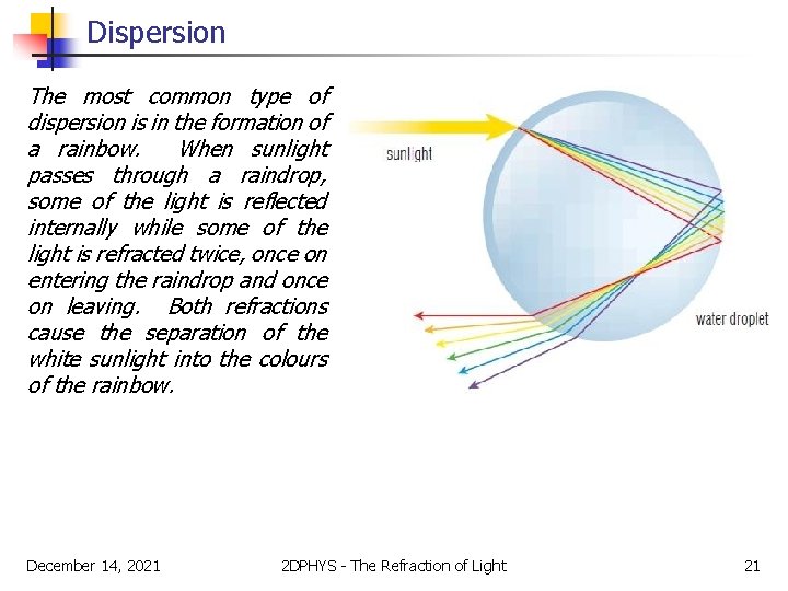 Dispersion The most common type of dispersion is in the formation of a rainbow.