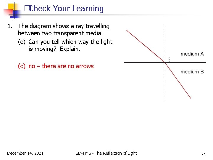 �Check Your Learning 1. The diagram shows a ray travelling between two transparent media.