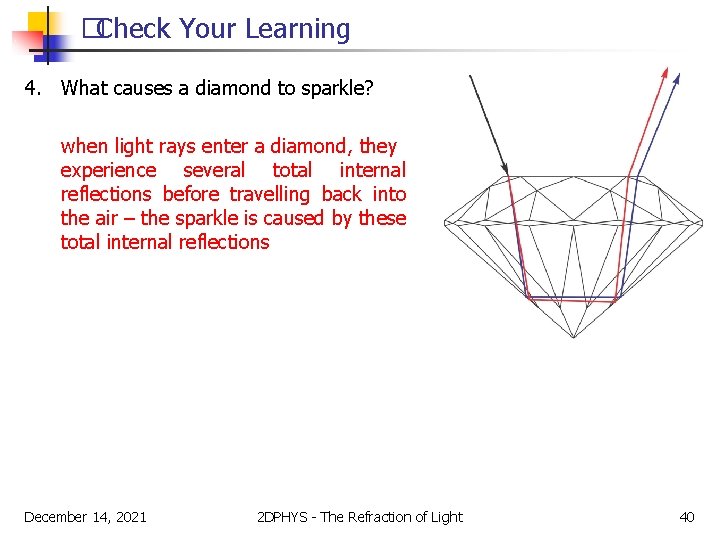 �Check Your Learning 4. What causes a diamond to sparkle? when light rays enter