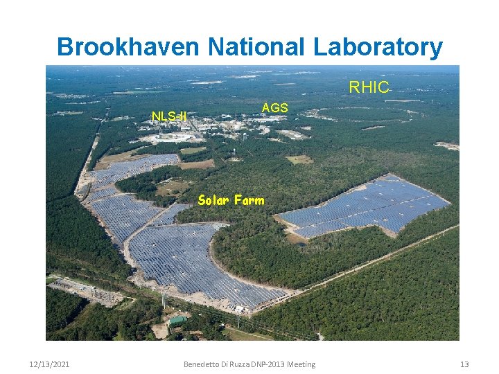 Brookhaven National Laboratory RHIC NLS-II AGS Solar Farm 12/13/2021 Benedetto Di Ruzza DNP-2013 Meeting