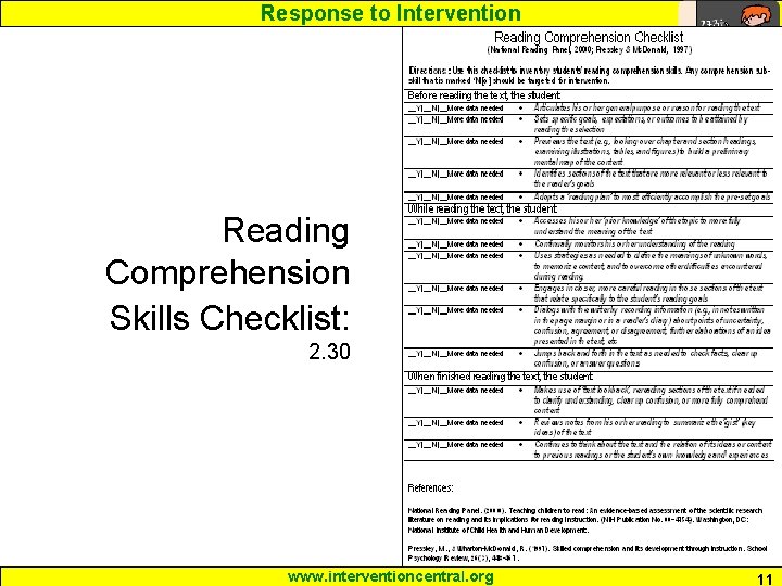 Response to Intervention Reading Comprehension Skills Checklist: 2. 30 www. interventioncentral. org 11 
