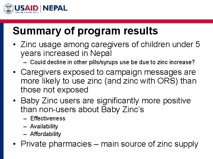 Summary of program results • Zinc usage among caregivers of children under 5 years