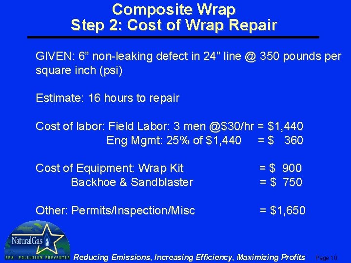 Composite Wrap Step 2: Cost of Wrap Repair GIVEN: 6” non-leaking defect in 24”