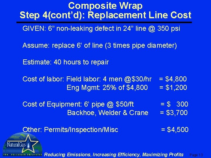 Composite Wrap Step 4(cont’d): Replacement Line Cost GIVEN: 6” non-leaking defect in 24” line