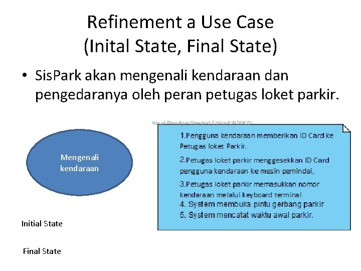 Refinement a Use Case (Inital State, Final State) • Sis. Park akan mengenali kendaraan