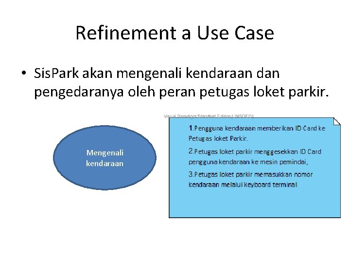 Refinement a Use Case • Sis. Park akan mengenali kendaraan dan pengedaranya oleh peran