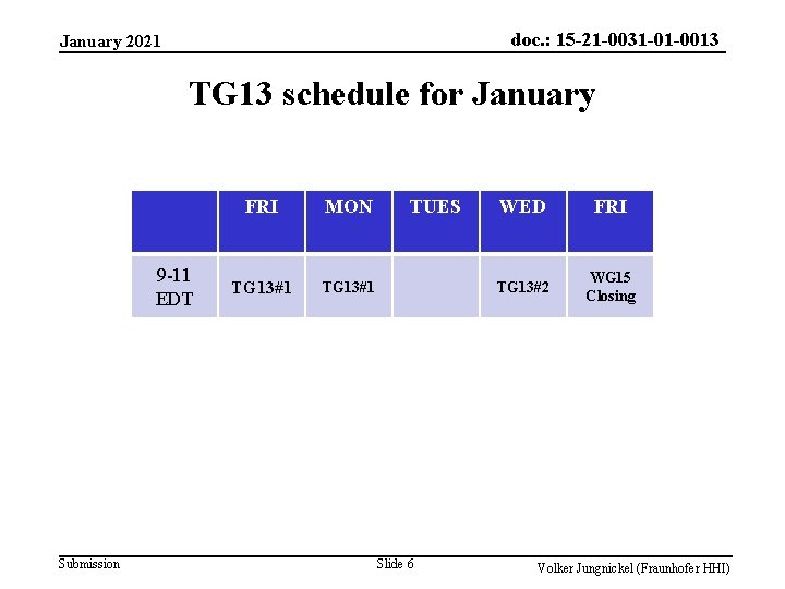 doc. : 15 -21 -0031 -01 -0013 January 2021 TG 13 schedule for January