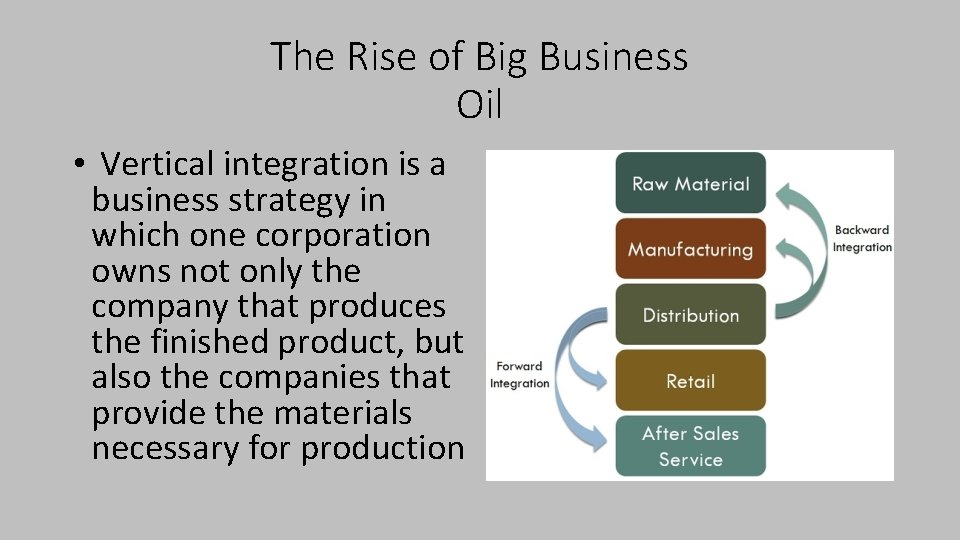 The Rise of Big Business Oil • Vertical integration is a business strategy in