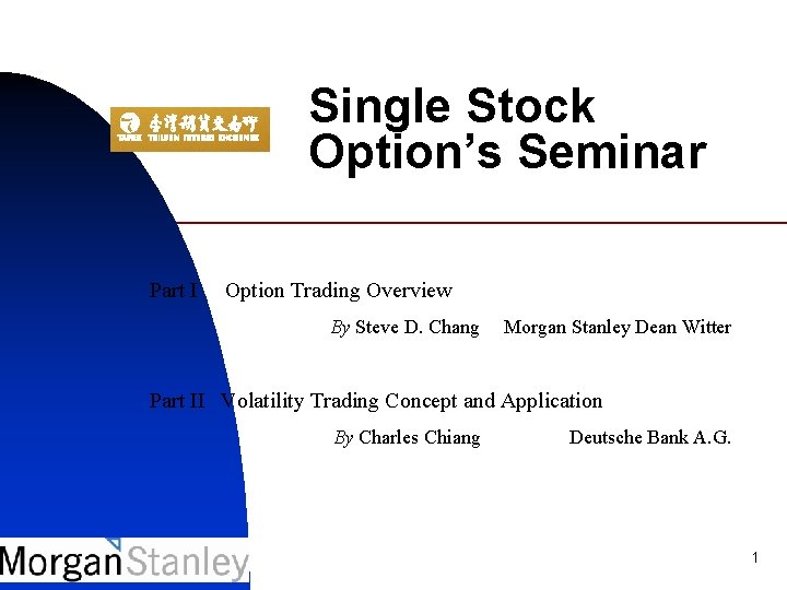 Single Stock Option’s Seminar Part I Option Trading Overview By Steve D. Chang Morgan