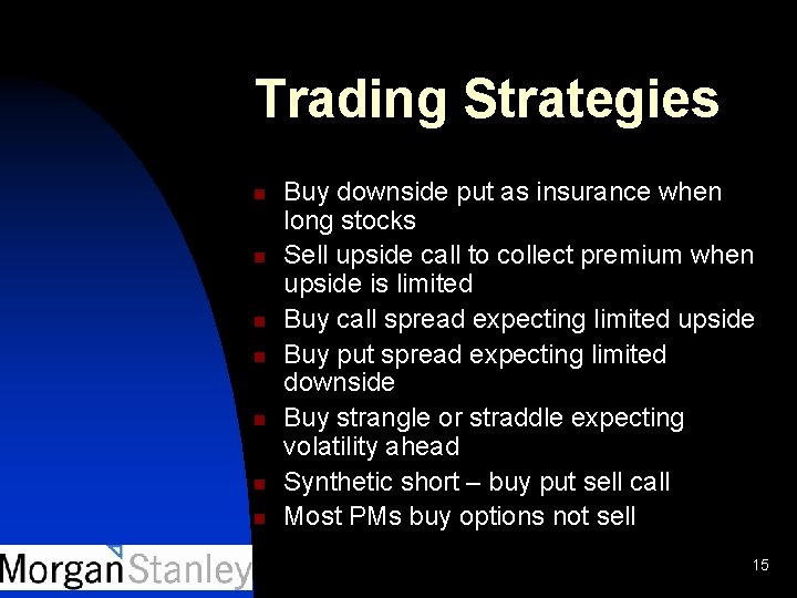 Trading Strategies n n n n Buy downside put as insurance when long stocks