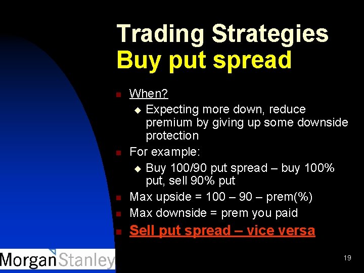 Trading Strategies Buy put spread n When? u Expecting more down, reduce premium by