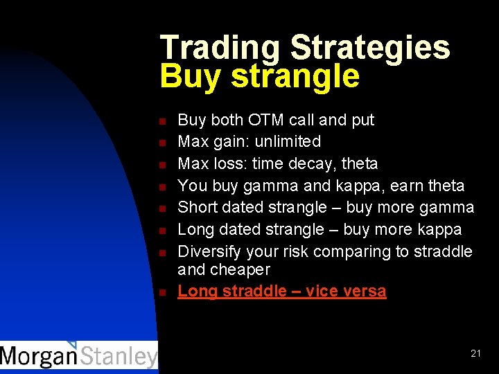 Trading Strategies Buy strangle n n n n Buy both OTM call and put