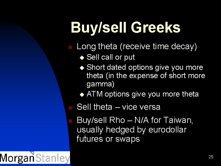 Buy/sell Greeks n Long theta (receive time decay) Sell call or put u Short