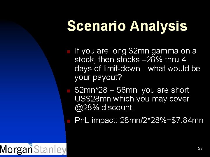 Scenario Analysis n n n If you are long $2 mn gamma on a
