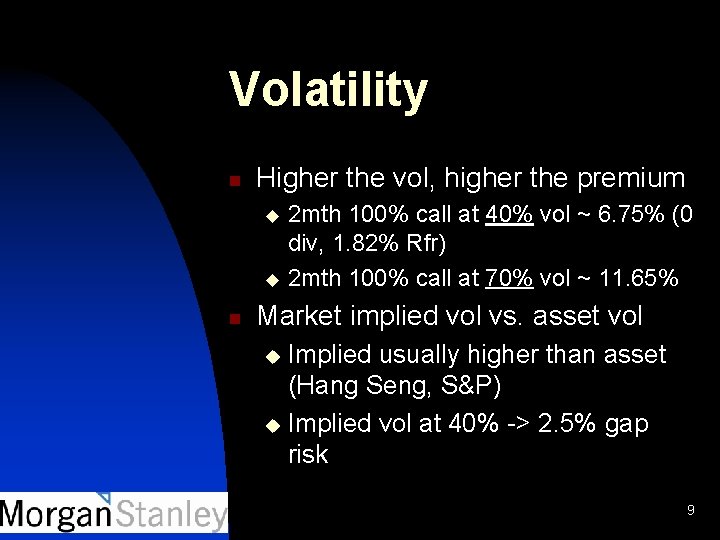 Volatility n Higher the vol, higher the premium 2 mth 100% call at 40%